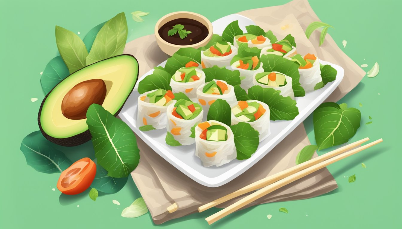 A plate of rice paper rolls filled with avocado and chicken, surrounded by fresh ingredients and a colorful backdrop