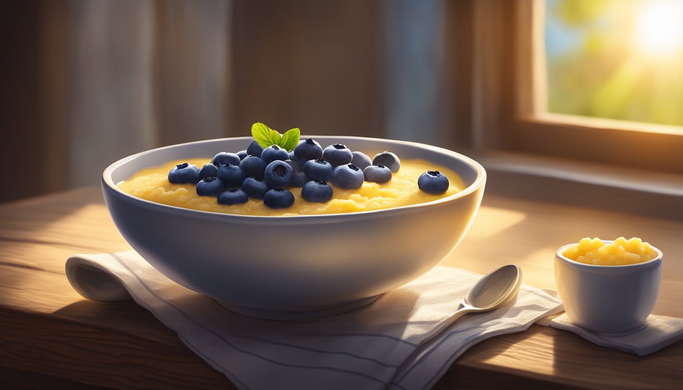 A bowl of creamy polenta porridge topped with fresh blueberries on a rustic wooden table. Sunrise light streams through a nearby window, casting a warm glow on the scene