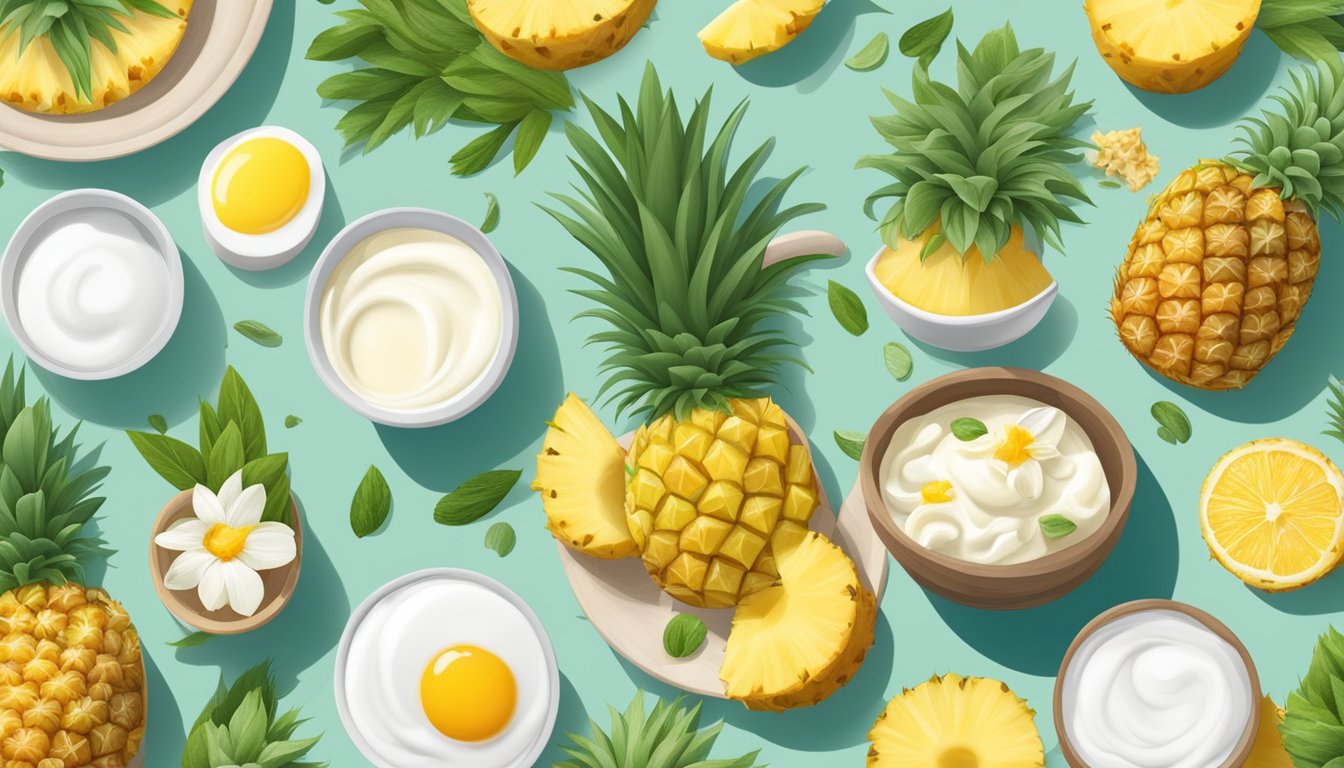 A bowl of lactose-free yogurt with pineapple, surrounded by 15 different breakfast ingredients, all naturally low FODMAP