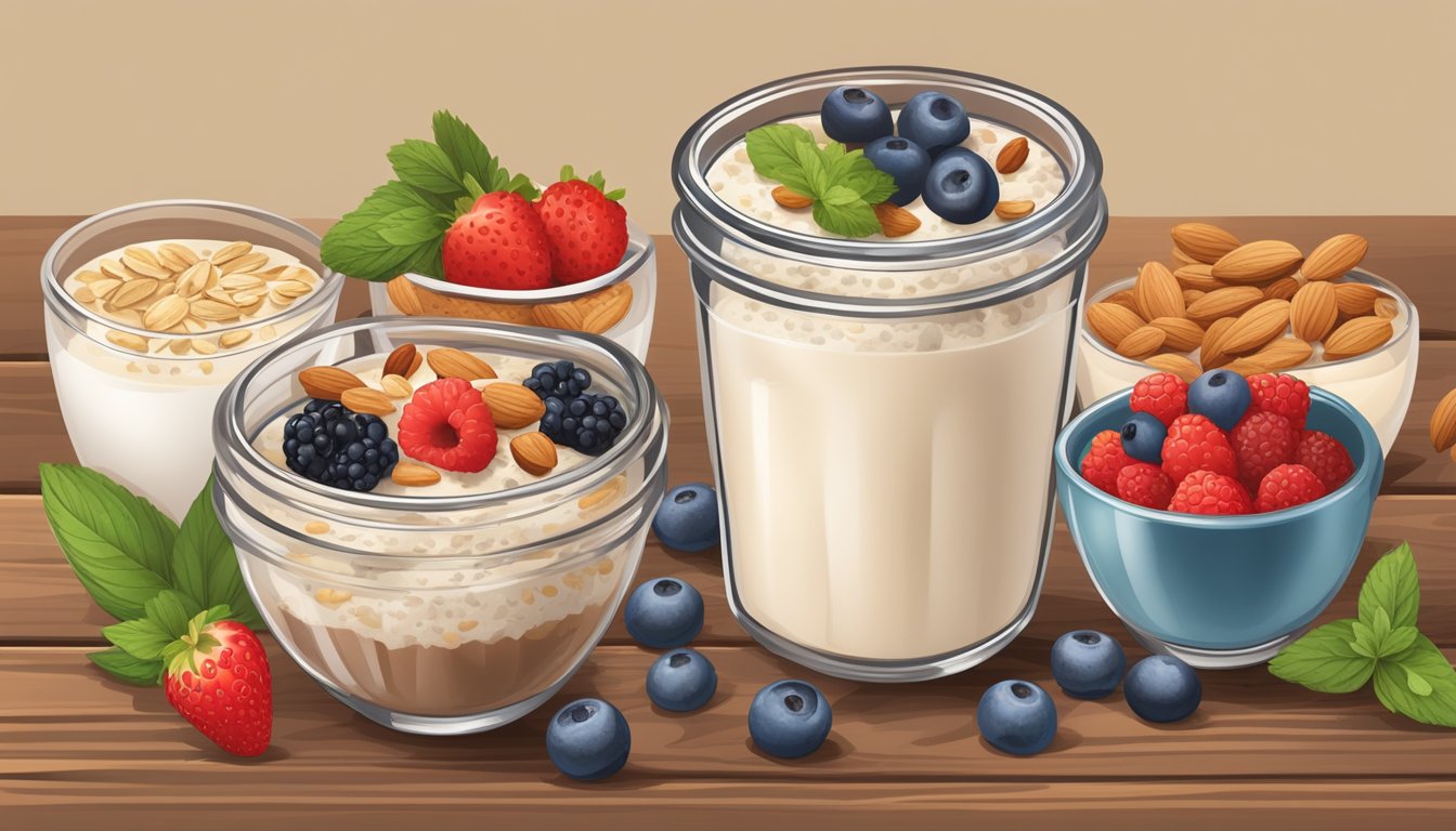 A bowl of overnight oats with almond milk, surrounded by 15 different breakfast ingredients, such as berries, nuts, and seeds, on a wooden table