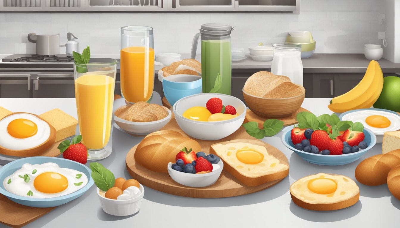 A kitchen counter with a variety of colorful and appetizing breakfast items laid out, including fruits, eggs, yogurt, and gluten-free bread