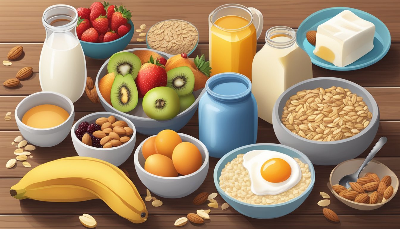 A colorful array of fresh fruits, eggs, oats, and dairy-free milk, alongside a variety of nuts and seeds, all arranged on a wooden breakfast table