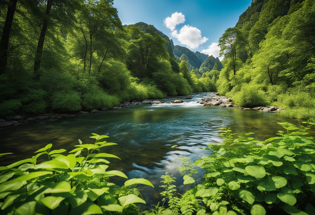 Vešlus miškas su įvairia flora ir fauna, tekančia upe ir aiškiai mėlynomis dangaus, demonstruojantis grožį ir svarbą išsaugoti natūralius ekosistemus