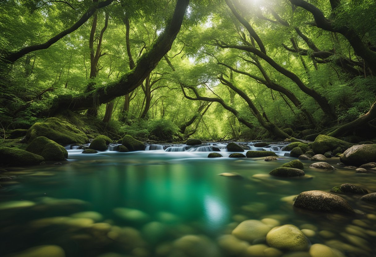 Vešlus miškas su įvairia flora ir fauna, tekančiu upeliu ir aiškiai mėlynomis dangomis, demonstruojantis grožį ir svarbą išsaugoti natūralius ekosistemas.