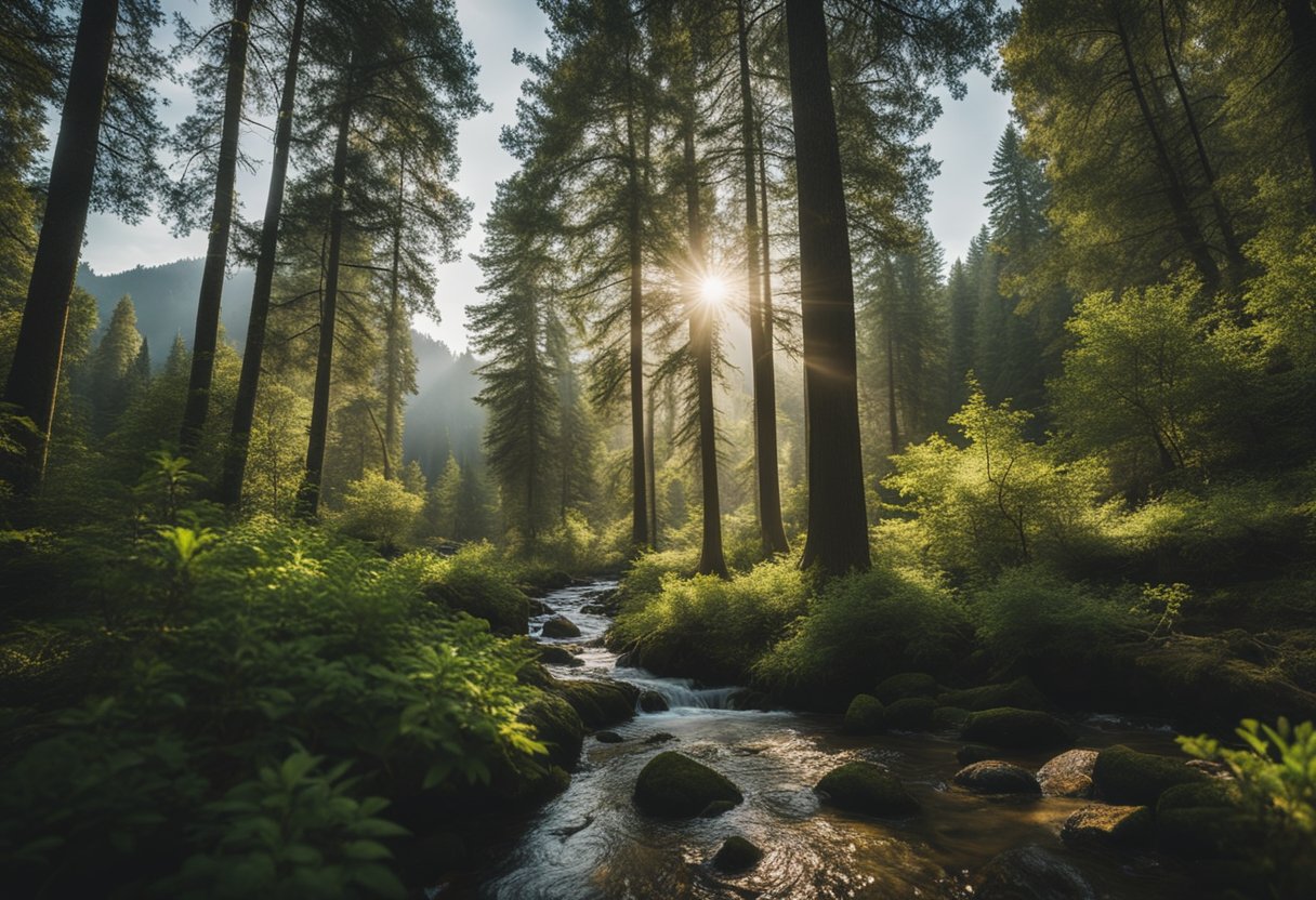 Ramus miškas su įvairia fauna, tekančiomis upėmis ir gyvybinga flora, pabrėžiantis natūralių buveinių išsaugojimo svarbą