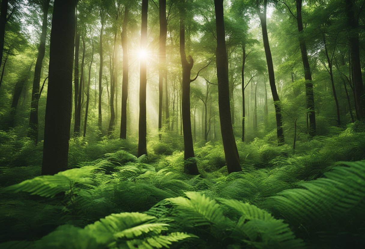 Vešlus, gyvybingas miškas su įvairia flora ir fauna, demonstruojantis grožį ir svarbą išsaugoti natūralius ekosistemas.