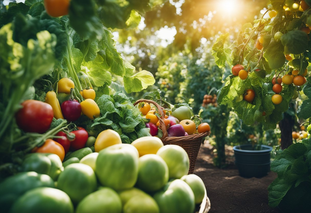 Vešlus, gyvybingas sodas, pilnas spalvingų vaisių ir daržovių, apsuptas aiškiai mėlyno dangaus ir gausaus saulės spinduliavimo