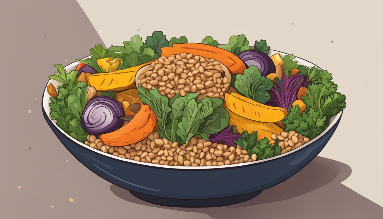 A colorful bowl filled with cooked farro, roasted vegetables, and vibrant greens arranged in an appealing and appetizing manner