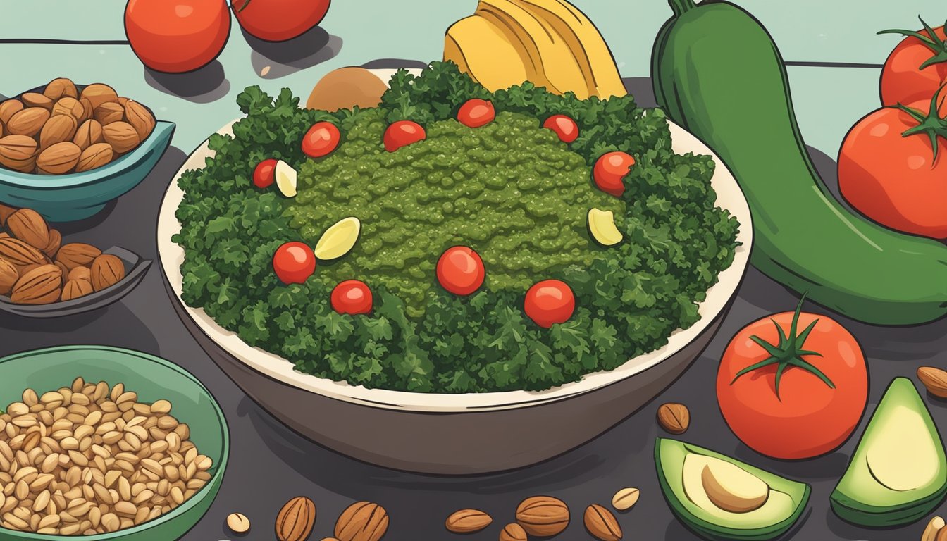 A colorful bowl filled with spelt and kale pesto, surrounded by fresh ingredients like tomatoes, avocado, and nuts, ready for a healthy meal prep