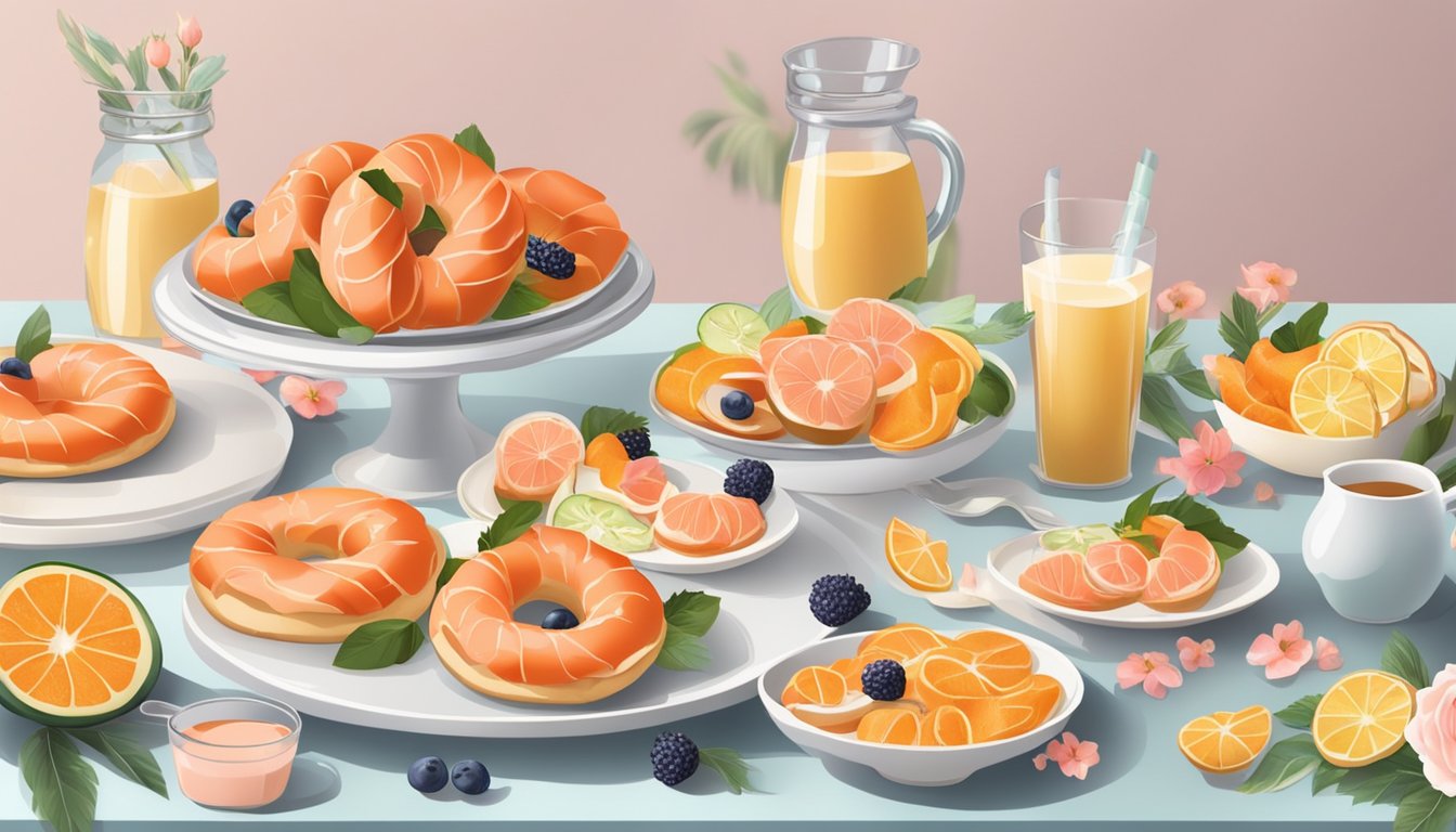 A table set with a spread of smoked salmon and cream cheese bagels, surrounded by fresh fruit, flowers, and elegant tableware for a Mother's Day brunch