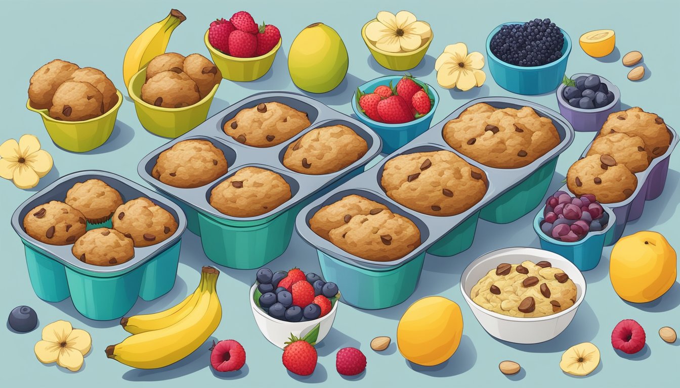 A table set with a variety of meal prep containers filled with freshly baked banana nut muffins, surrounded by colorful fruits and flowers