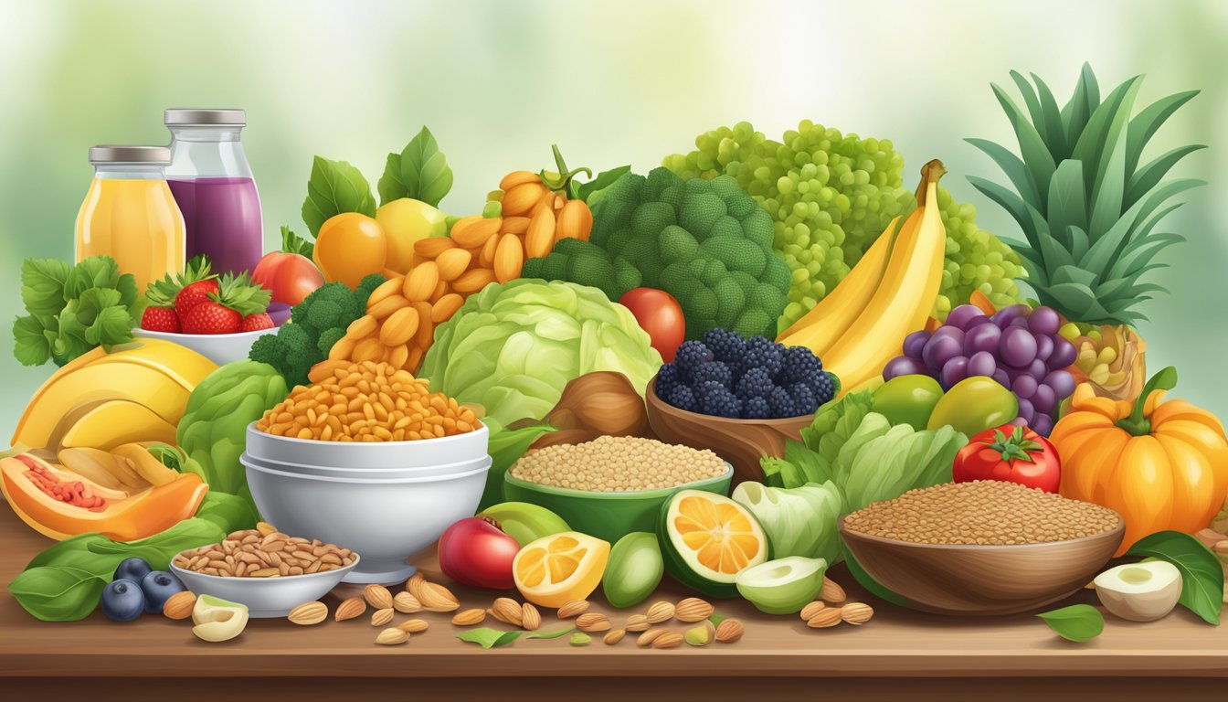 A table set with a colorful array of fresh fruits, vegetables, grains, and lean proteins, alongside a variety of nuts, seeds, and dairy products