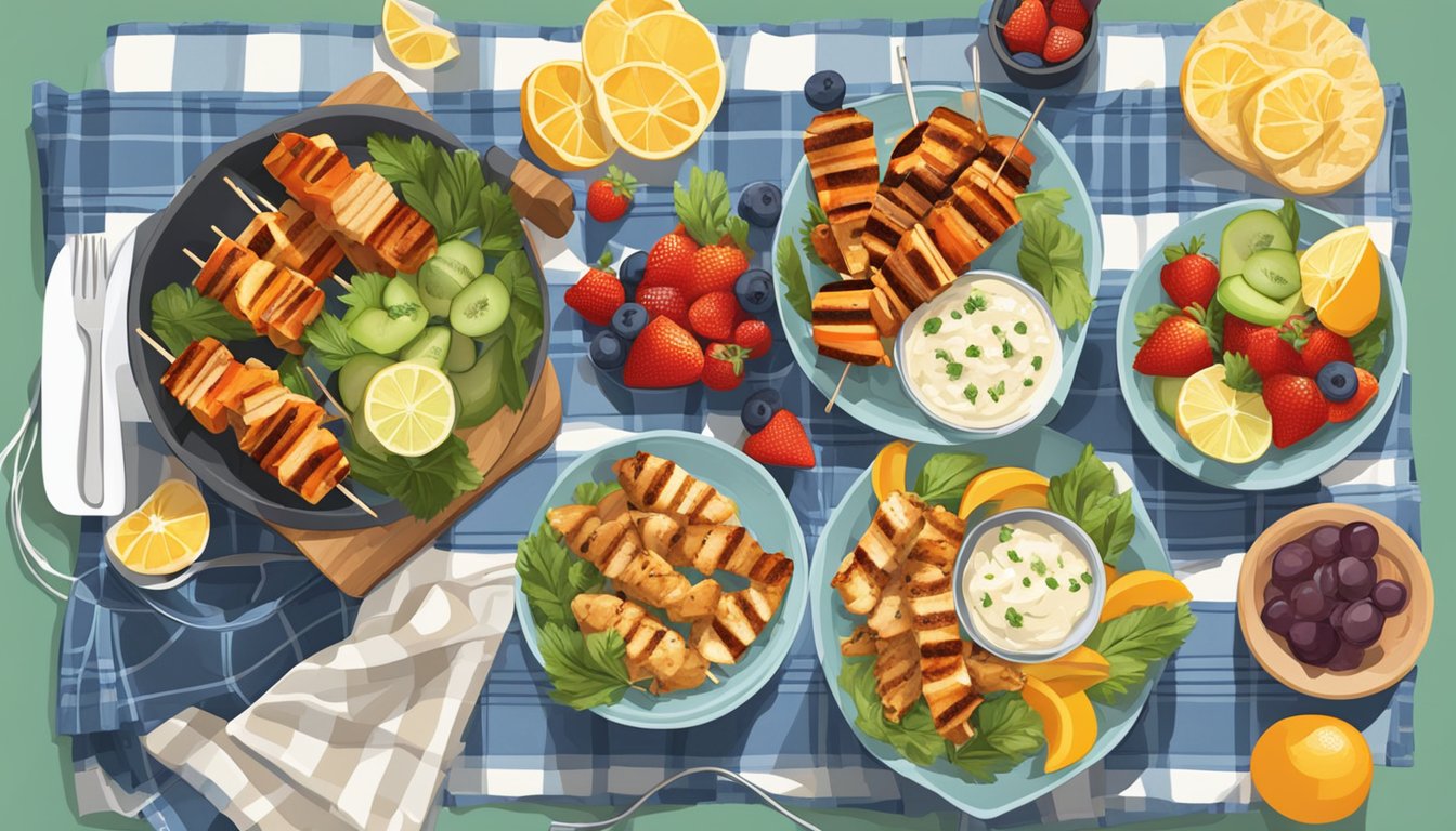 A picnic blanket with grilled chicken skewers, fruit, and other meal prep items laid out for Memorial Day festivities