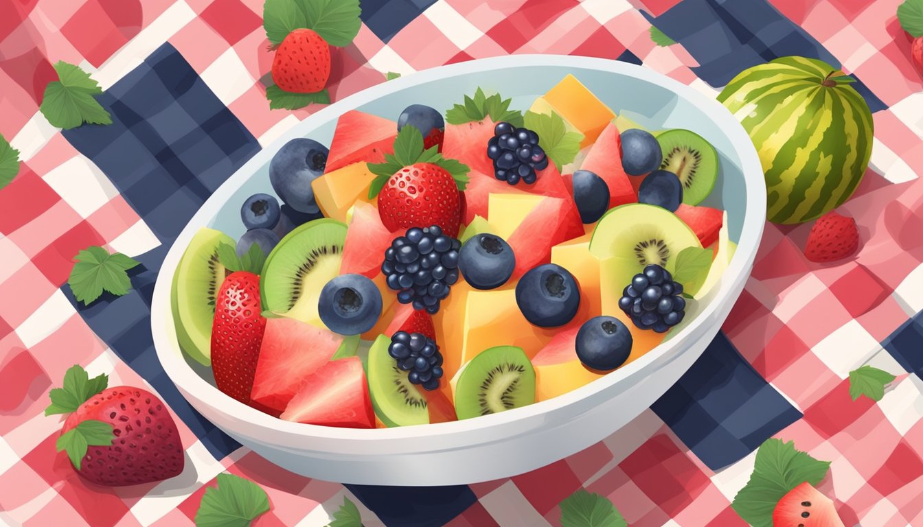 A colorful fruit salad in a large bowl surrounded by fresh berries and watermelon slices on a checkered picnic blanket