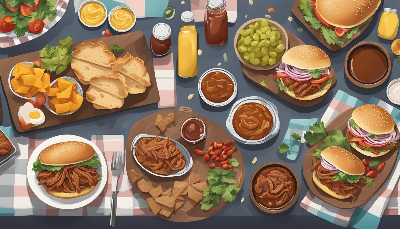 A picnic spread with BBQ pulled pork sandwiches, surrounded by condiments, side dishes, and festive decor