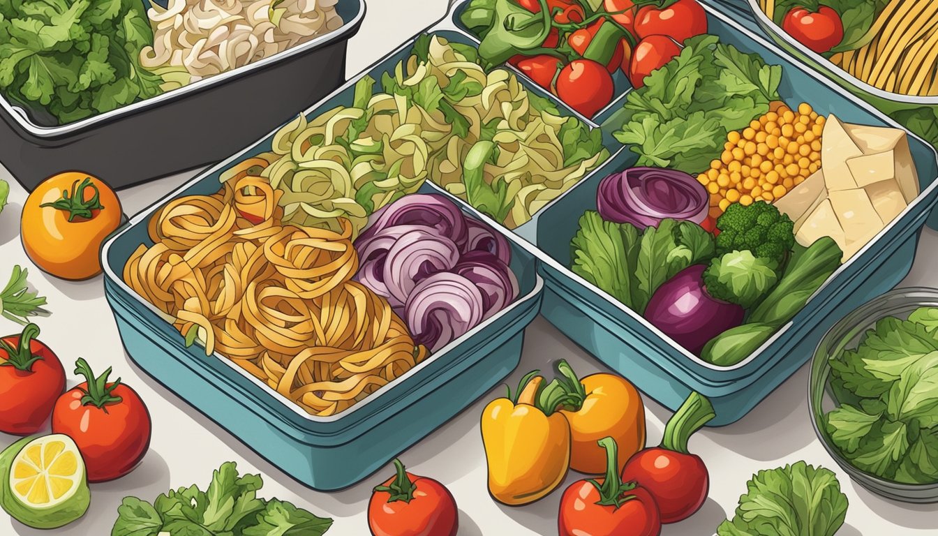 A colorful array of fresh vegetables, pasta, and dressing arranged in a picnic-friendly container, surrounded by other meal prep items