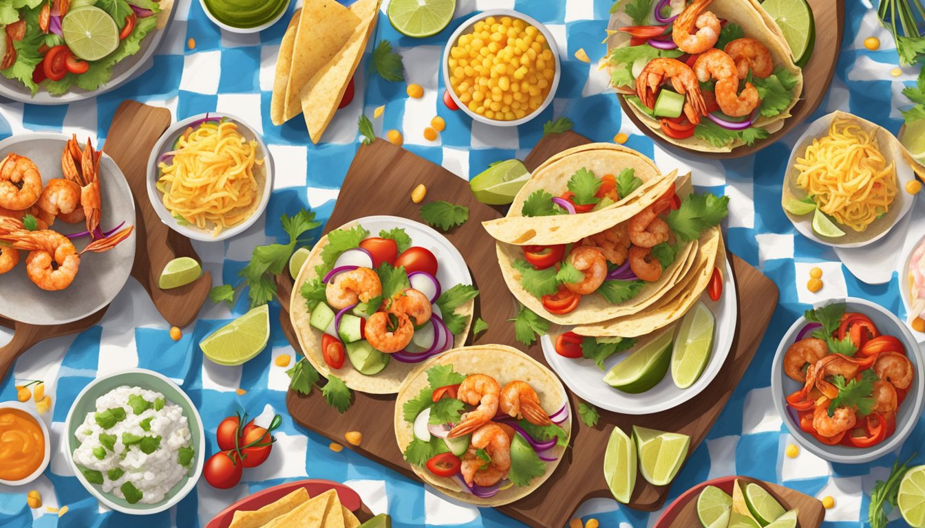 A colorful picnic spread with spicy shrimp tacos, fresh toppings, and vibrant sides arranged on a checkered blanket