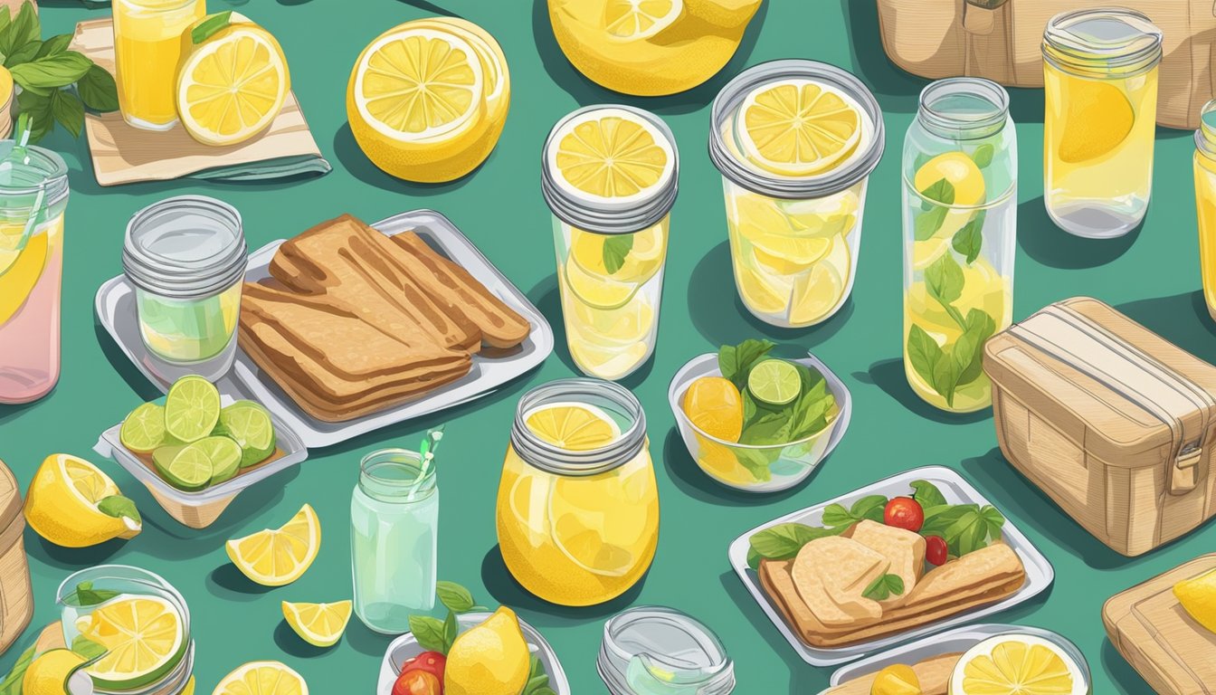 A picnic blanket with a spread of lemonade and iced tea, surrounded by 10 neatly arranged meal prep containers