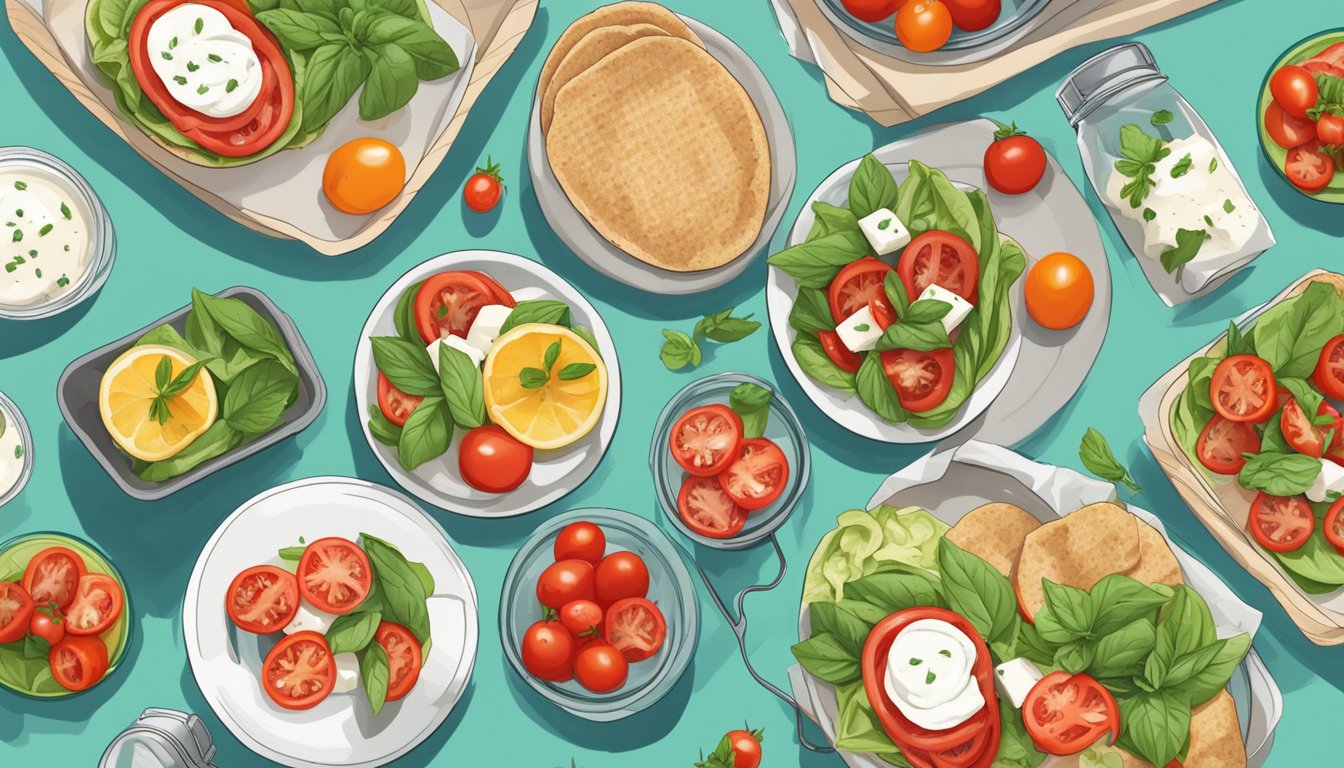 A picnic blanket with a spread of Caprese salad skewers, surrounded by other meal prep items for Memorial Day