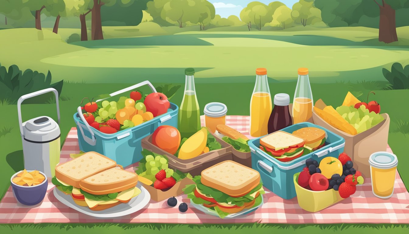 A picnic blanket spread with prepped food, including sandwiches, fruit, and salads, laid out in a park setting with a cooler and picnic basket nearby