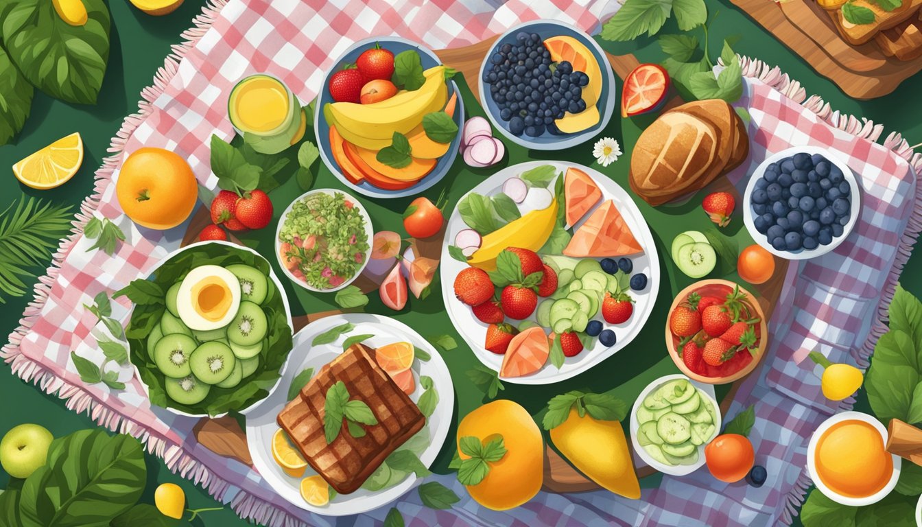 A picnic blanket spread with a variety of colorful dishes made with fresh, seasonal ingredients such as fruits, vegetables, and grilled meats, set against a backdrop of blooming flowers and lush greenery