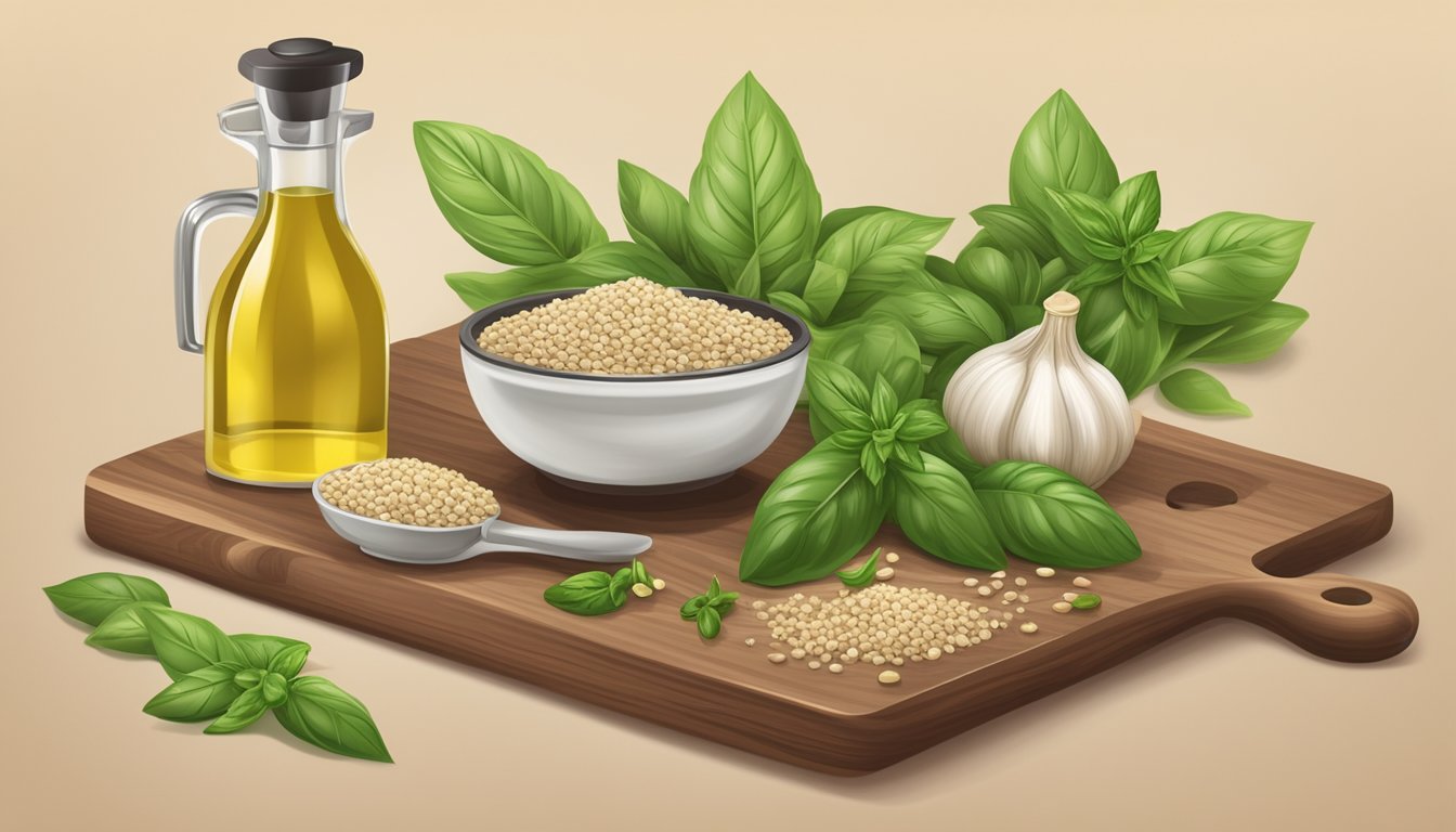 A wooden cutting board with a mortar and pestle filled with hemp seeds, fresh basil leaves, garlic, and olive oil. A food processor sits nearby