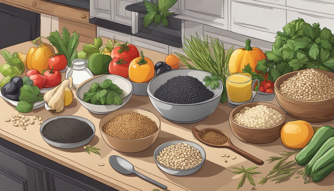 A kitchen counter with various ingredients and utensils, including hemp seeds, fruits, vegetables, and grains. A cookbook open to meal prep recipes