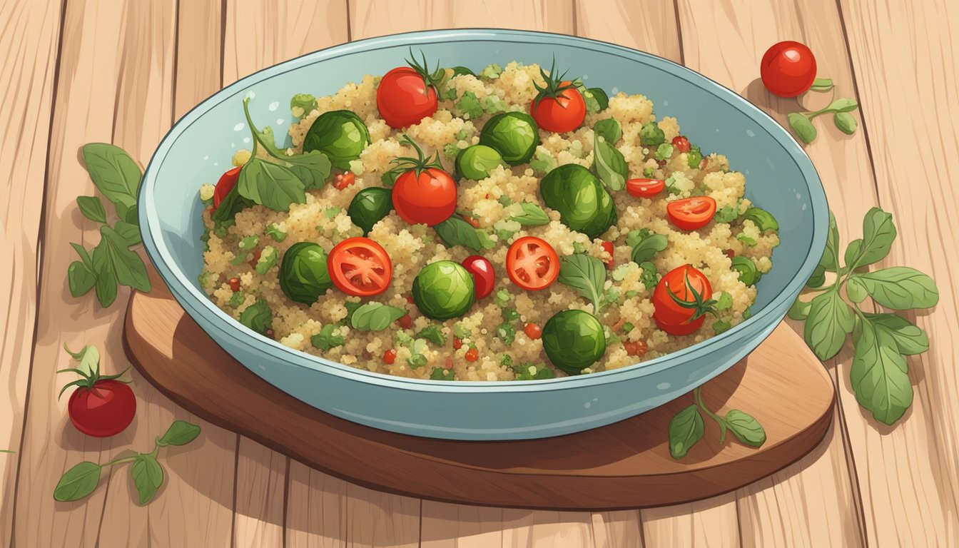 A colorful bowl of quinoa salad with roasted Brussels sprouts, cherry tomatoes, and a sprinkle of herbs on a wooden cutting board