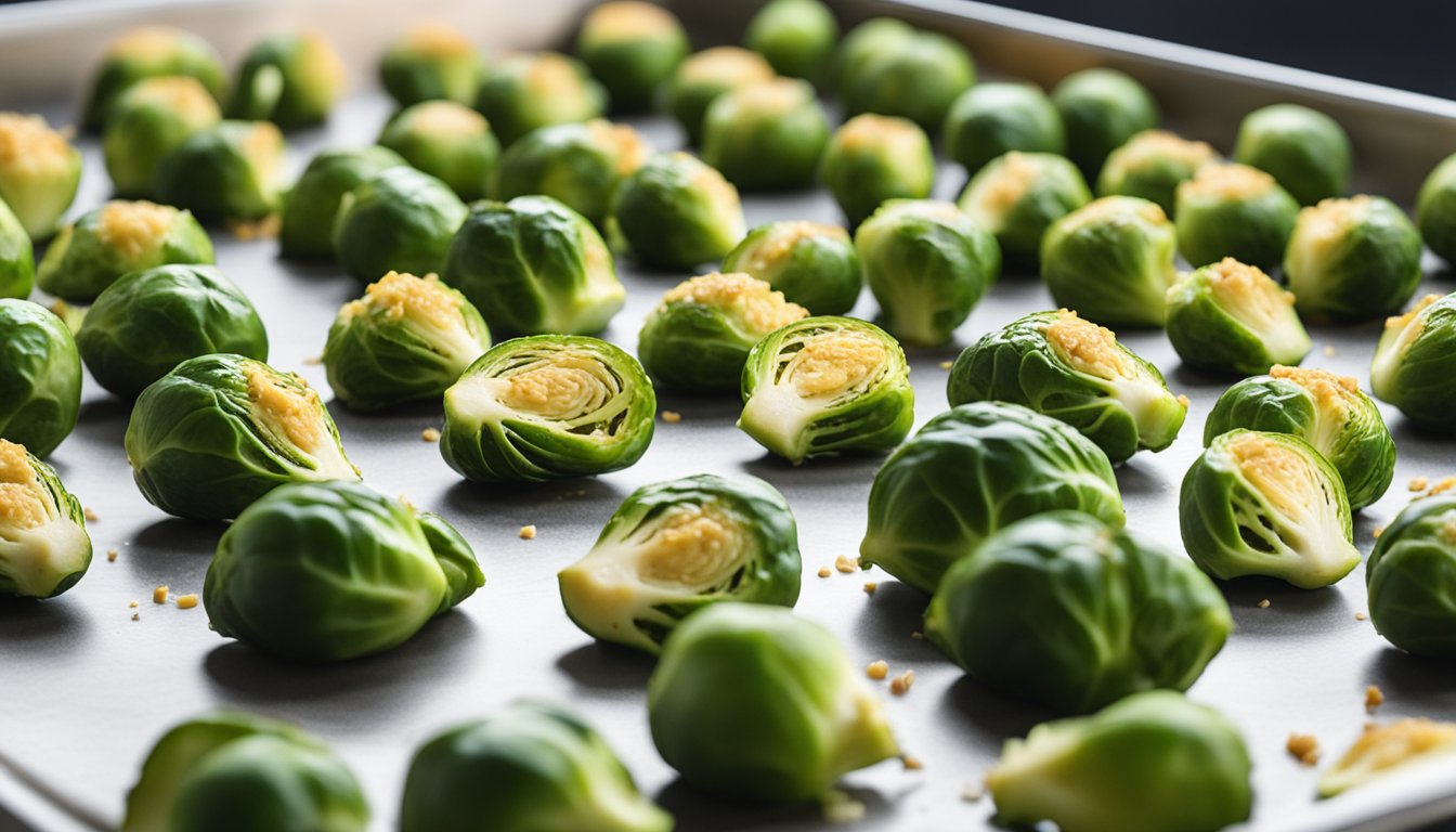 Brussels sprouts coated in honey sriracha sauce, arranged on a baking sheet ready for roasting