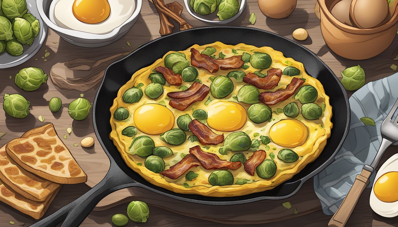 A sizzling frittata in a cast iron skillet, filled with roasted brussels sprouts, crispy bacon, and golden eggs, surrounded by fresh ingredients and cooking utensils