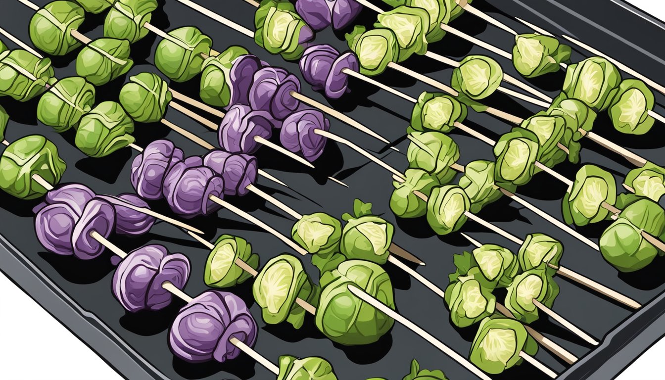 Brussels sprouts on skewers, drizzled with spicy maple sauce, arranged on a meal prep tray with six other brussels sprouts recipes