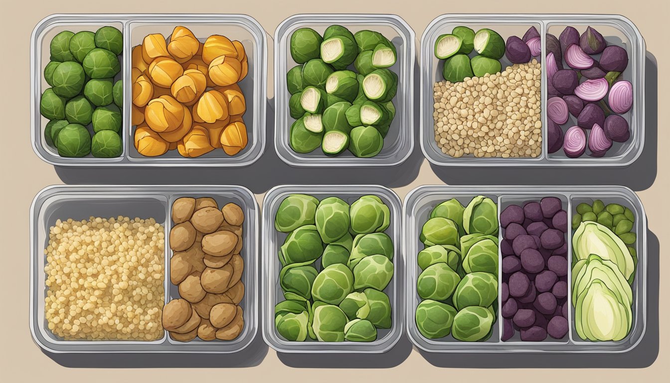 A colorful array of brussels sprouts, chopped and seasoned, arranged in meal prep containers alongside various other ingredients like quinoa, chicken, and roasted vegetables