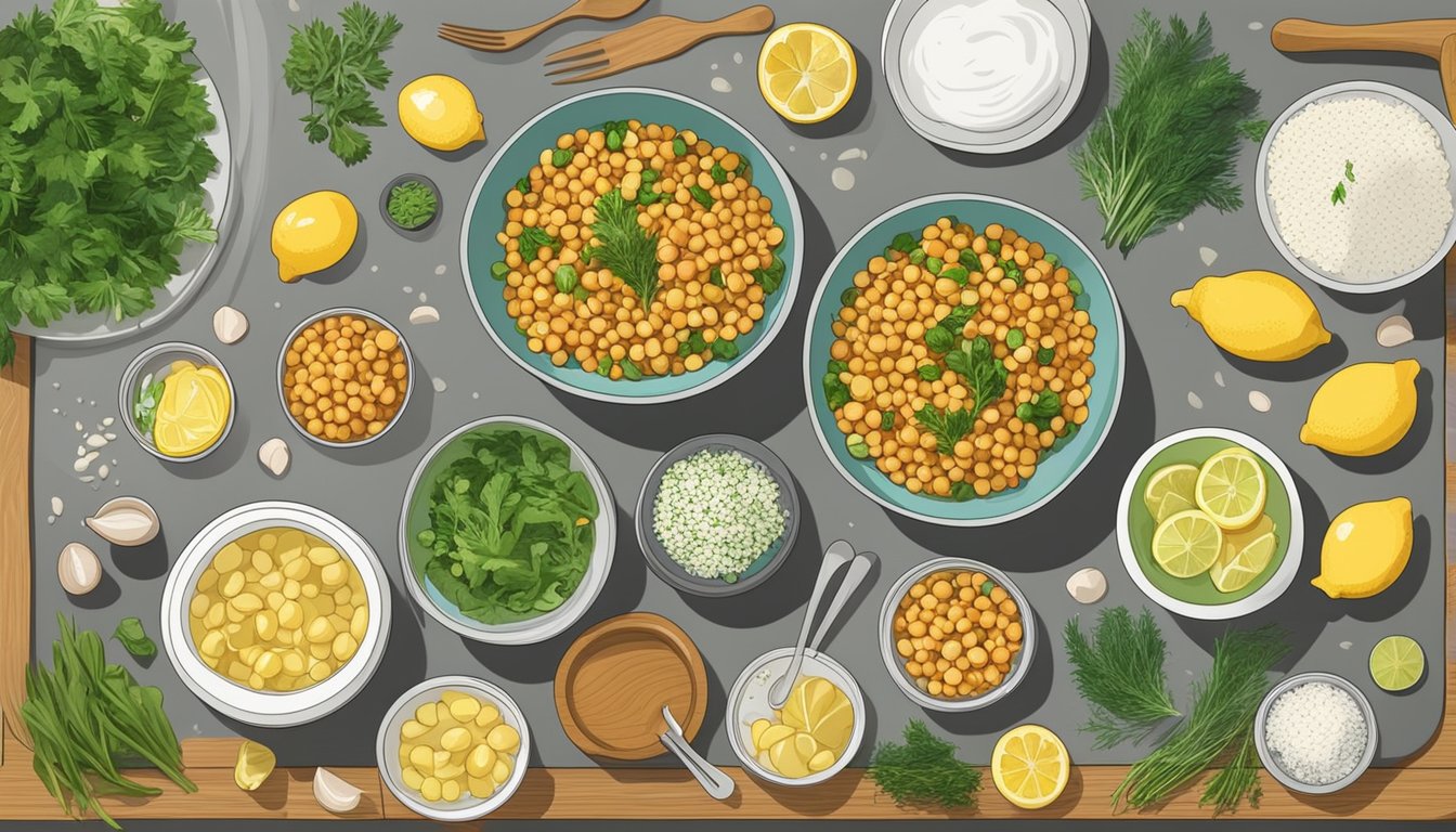 A colorful bowl of garbanzo bean salad with lemon and dill surrounded by various meal prep ingredients and utensils on a clean kitchen countertop