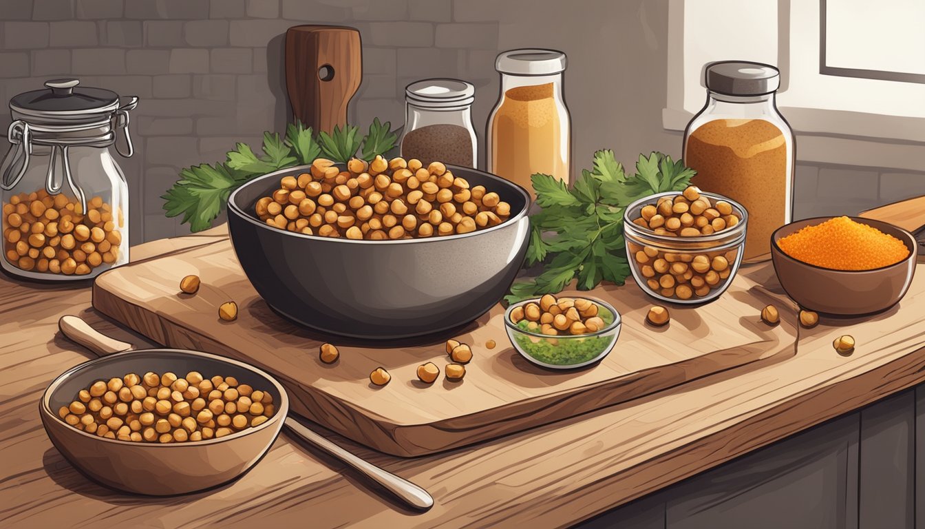 A rustic kitchen counter with a wooden cutting board, a bowl of roasted chickpeas sprinkled with paprika, and various ingredients for meal prep