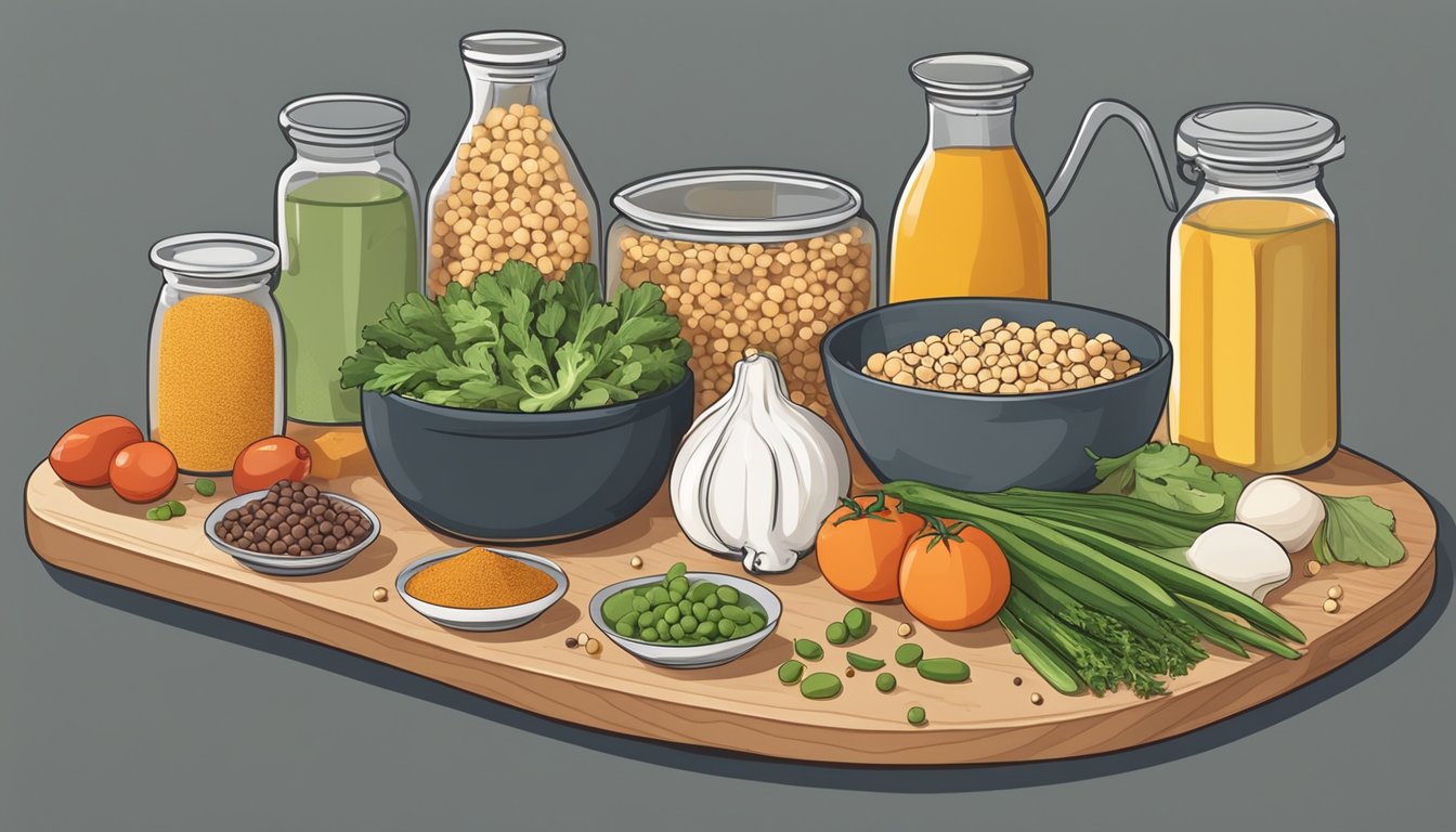 A kitchen counter with various ingredients such as garbanzo beans, vegetables, and spices laid out next to a cutting board and mixing bowls