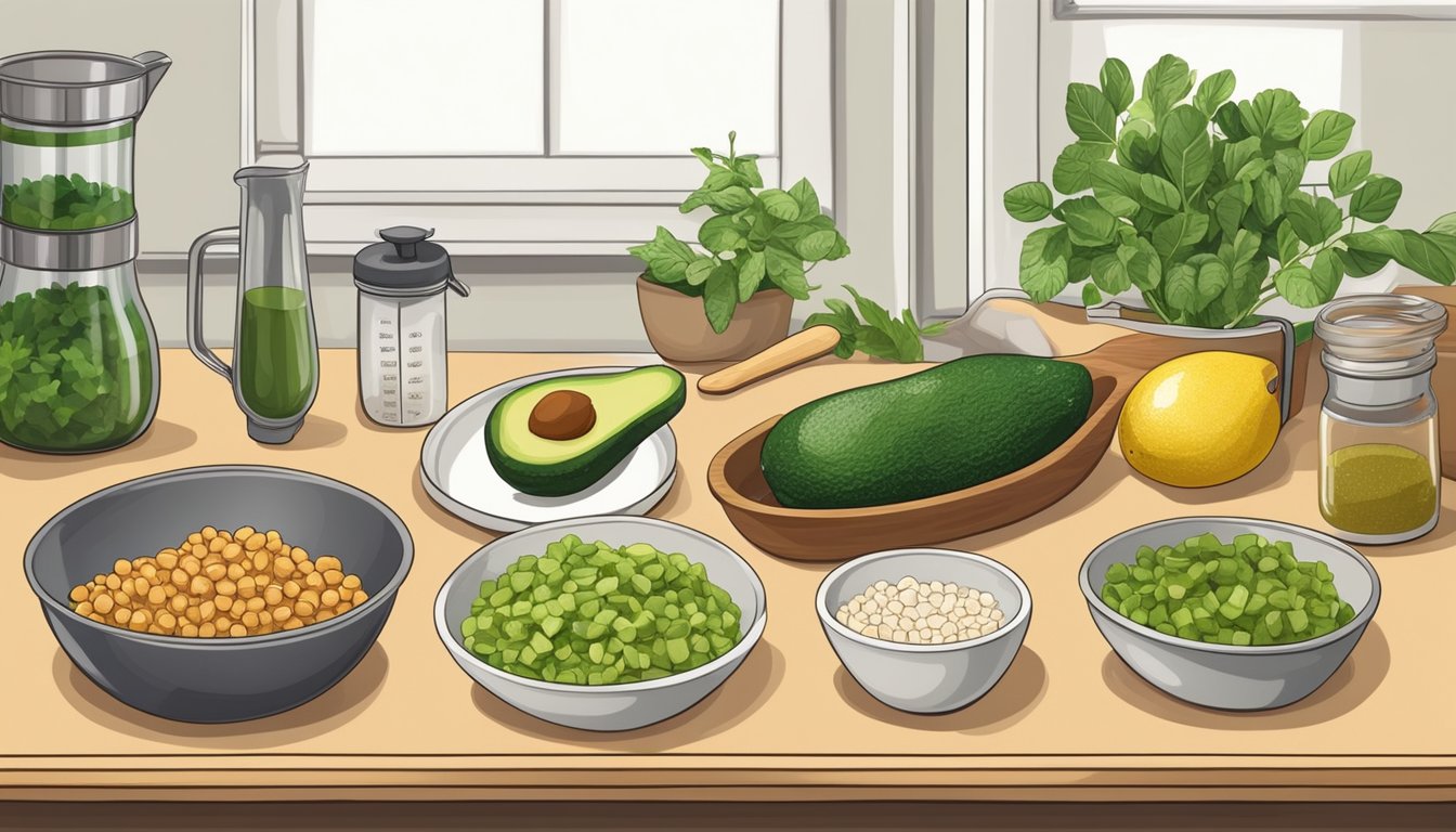 A kitchen counter with ingredients and utensils for making chickpea and avocado toast