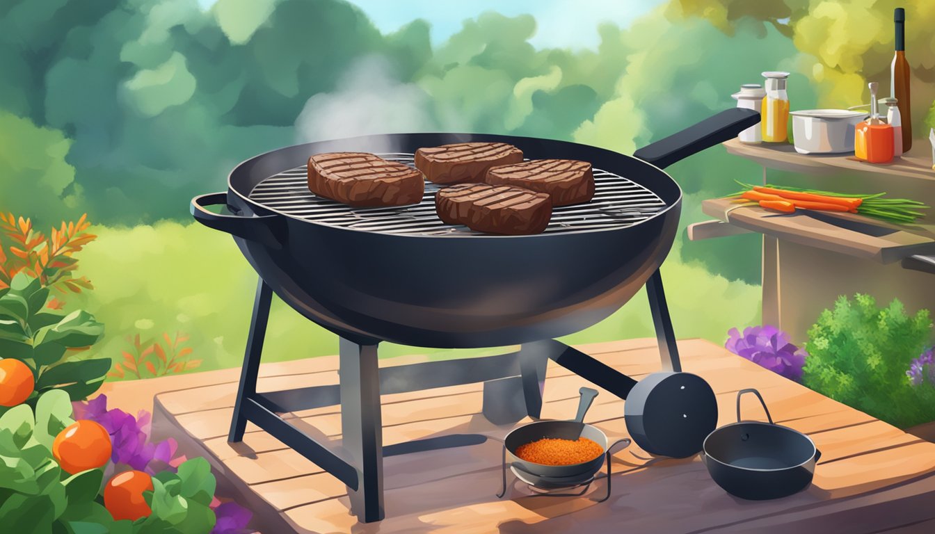 A sizzling steak grilling on a barbecue surrounded by vibrant herbs and spices, with a backdrop of a sunny outdoor Labor Day cookout