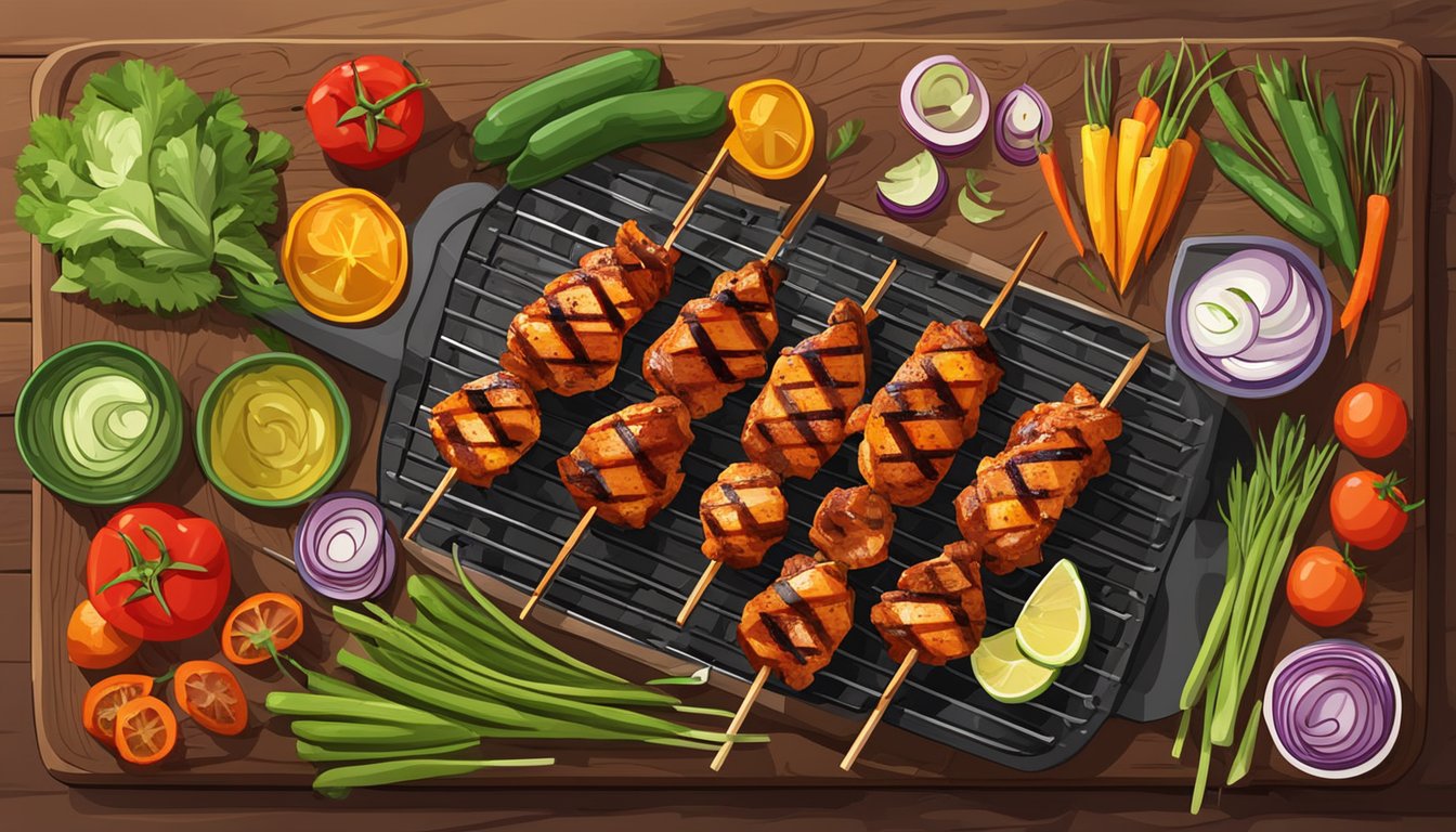 A grill with smoky BBQ chicken skewers surrounded by colorful vegetables and seasonings on a wooden cutting board