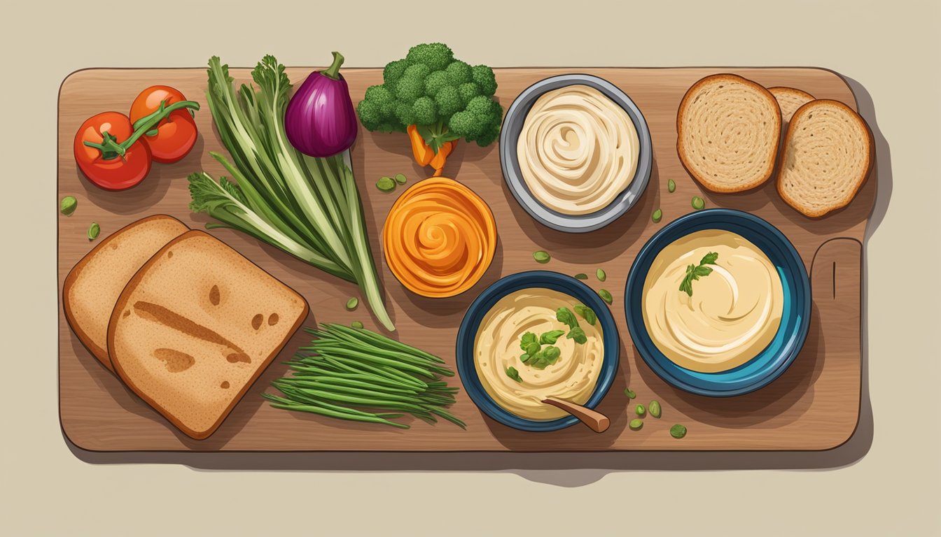 A colorful array of fresh vegetables, whole grain bread, and a dollop of creamy hummus arranged on a cutting board