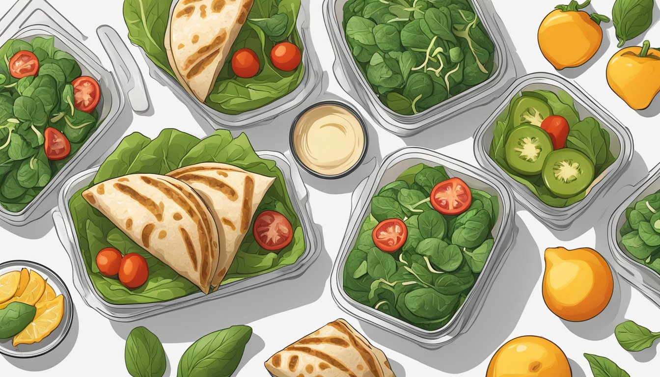 A colorful turkey and spinach wrap surrounded by fresh ingredients and meal prep containers