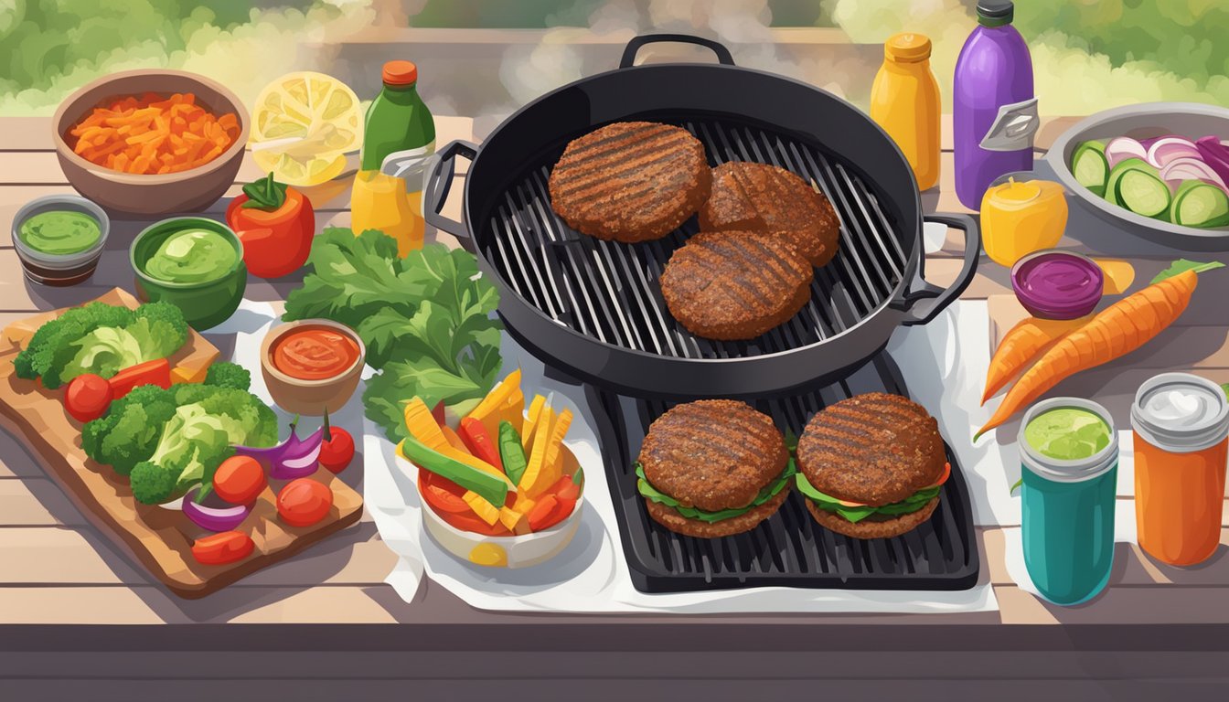 A sizzling grill with black bean burgers surrounded by colorful vegetables and condiments, set against a backdrop of a festive outdoor cookout for Labor Day