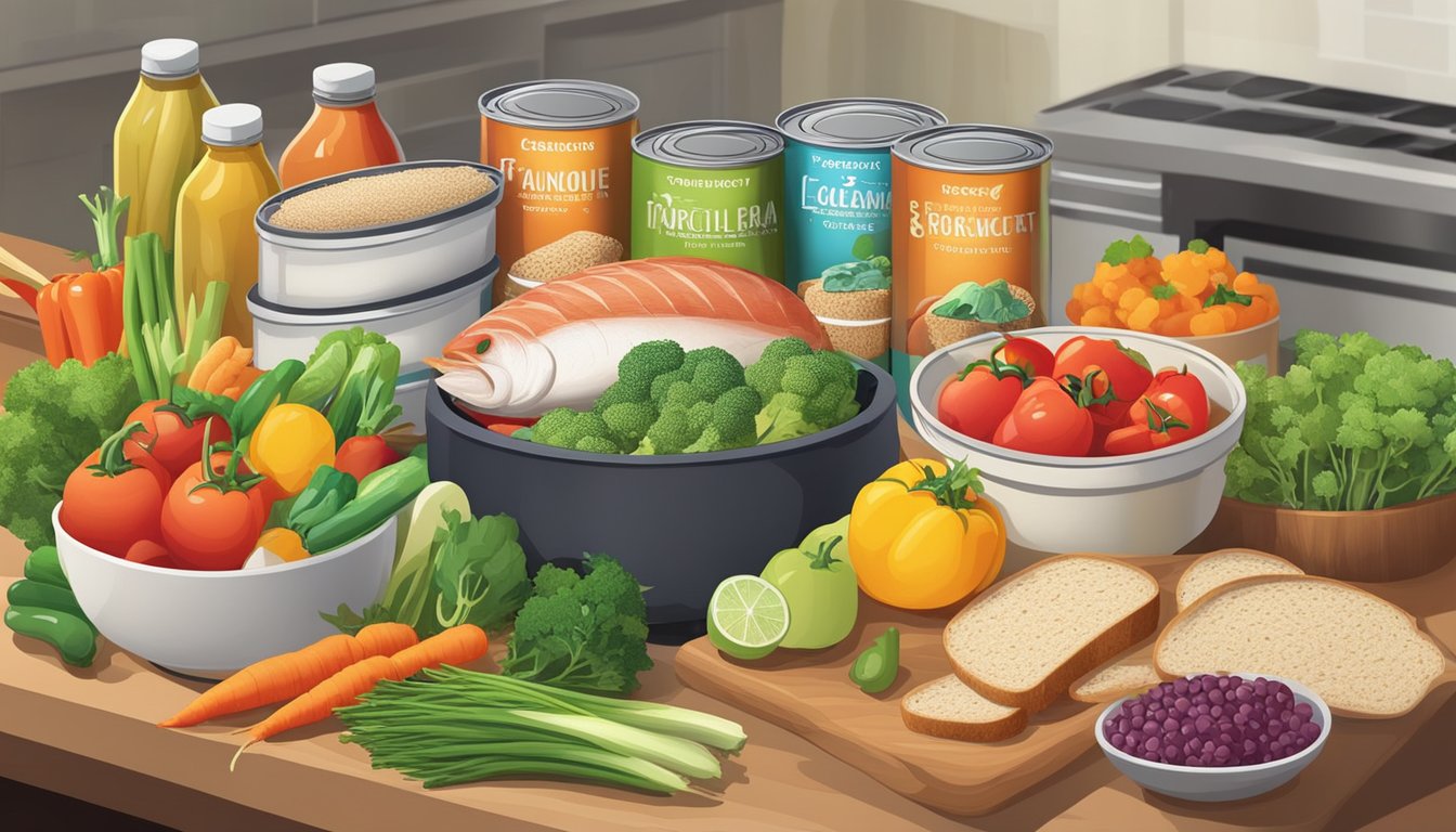 A colorful array of fresh ingredients arranged on a kitchen counter, including cans of tuna, vibrant vegetables, and whole grain bread