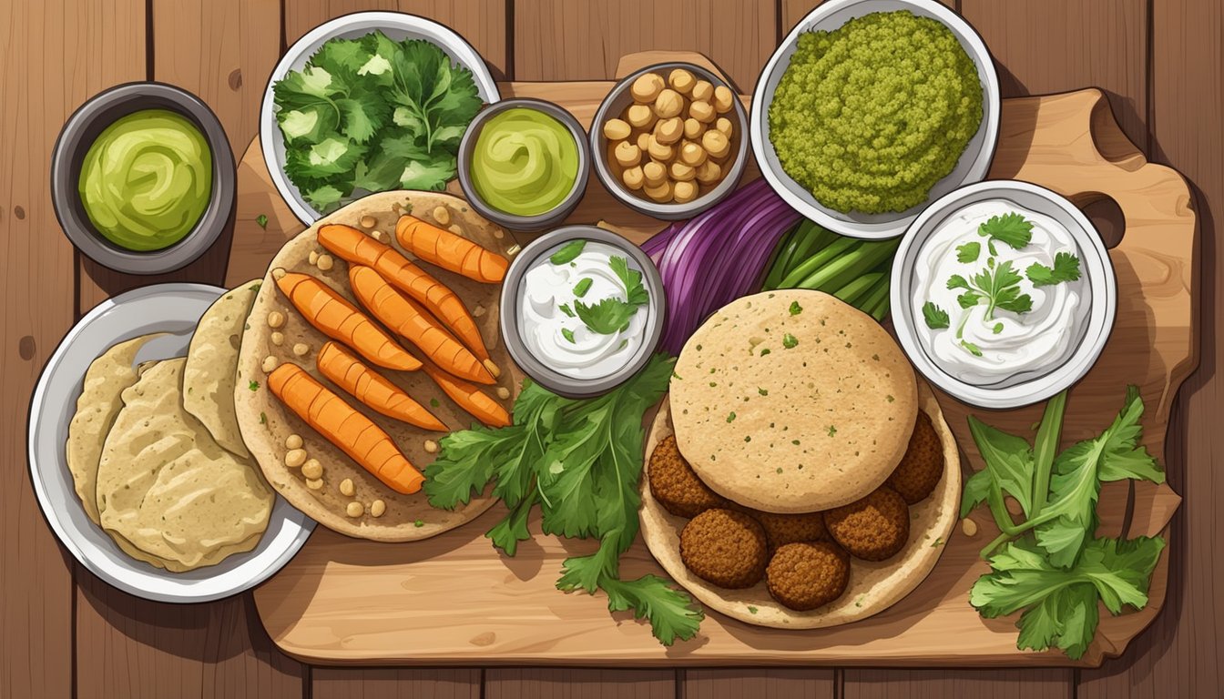 A colorful spread of fresh vegetables, chickpea falafel, and pita bread, surrounded by ingredients like hummus and tzatziki, on a wooden cutting board