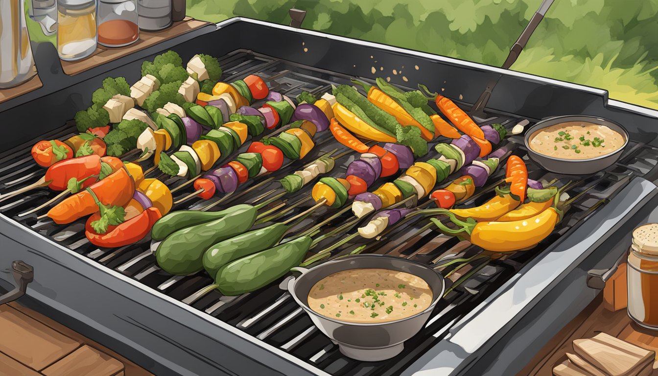 A colorful array of grilled vegetables sizzling on the barbecue, drizzled with Asian sesame sauce, surrounded by outdoor cookout essentials