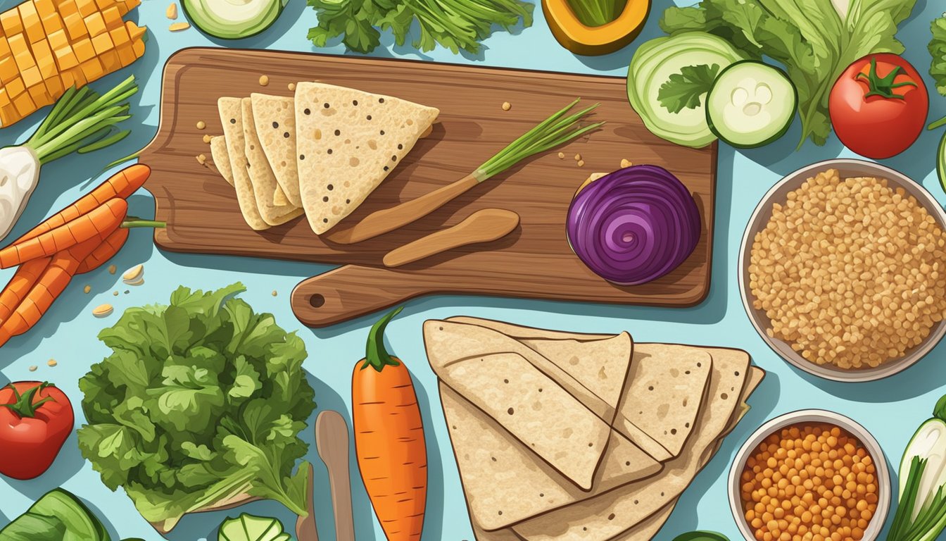 A colorful array of fresh vegetables, lean proteins, and whole grain wraps and bread laid out on a clean, wooden cutting board