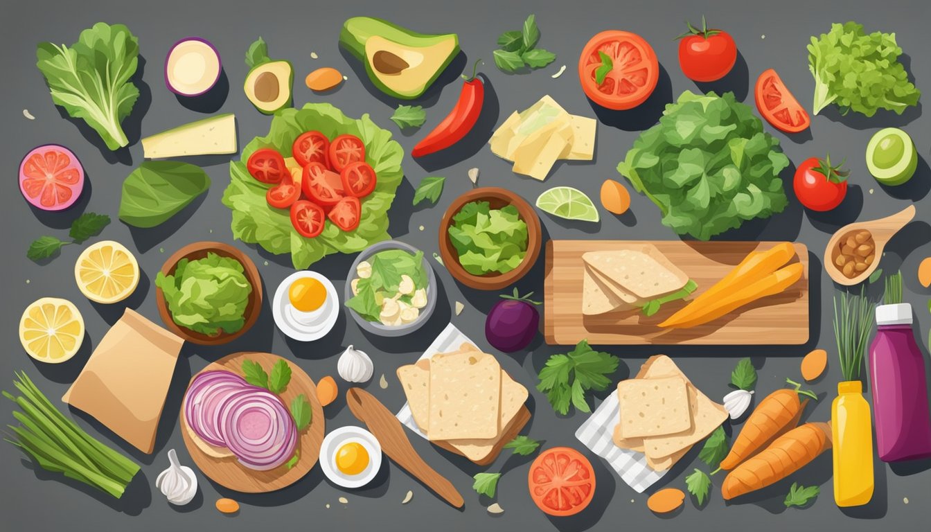 A kitchen counter with various fresh ingredients and kitchen tools, surrounded by colorful and nutritious wraps and sandwiches ready for meal prepping