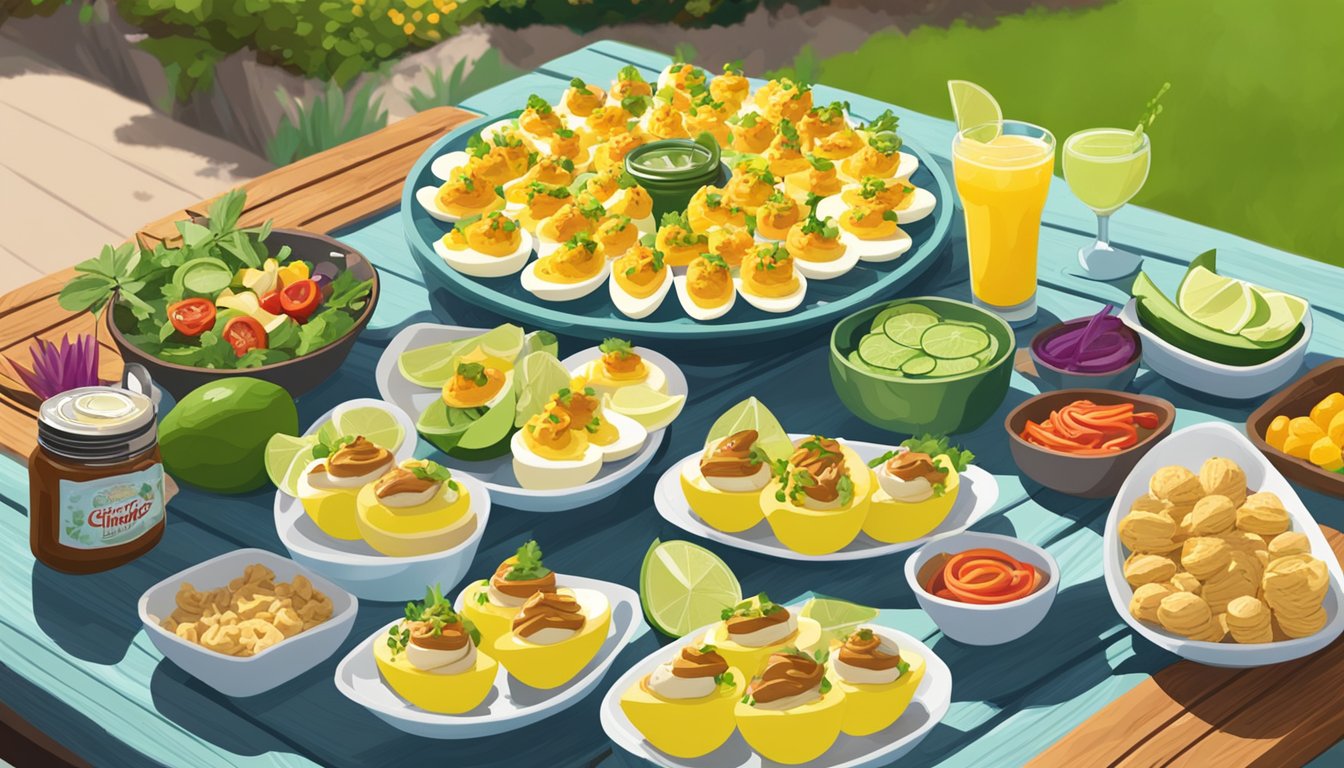 A platter of chipotle lime deviled eggs surrounded by colorful garnishes on a picnic table, with a grill and outdoor seating in the background