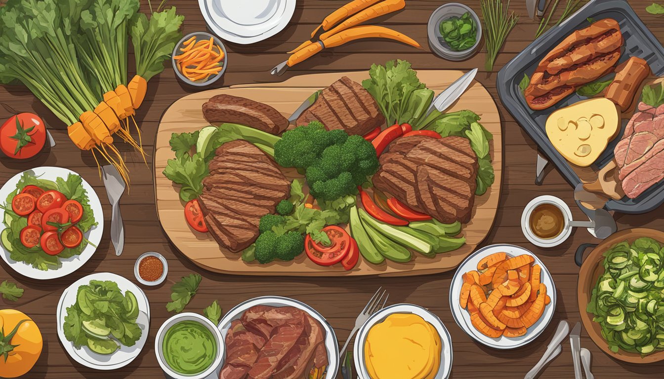 A colorful array of prepped vegetables, marinated meats, and grilling utensils laid out on a wooden table in a backyard setting