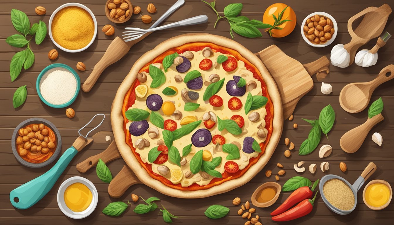 A wooden table with a freshly baked tigernut flour pizza crust surrounded by various ingredients and cooking utensils