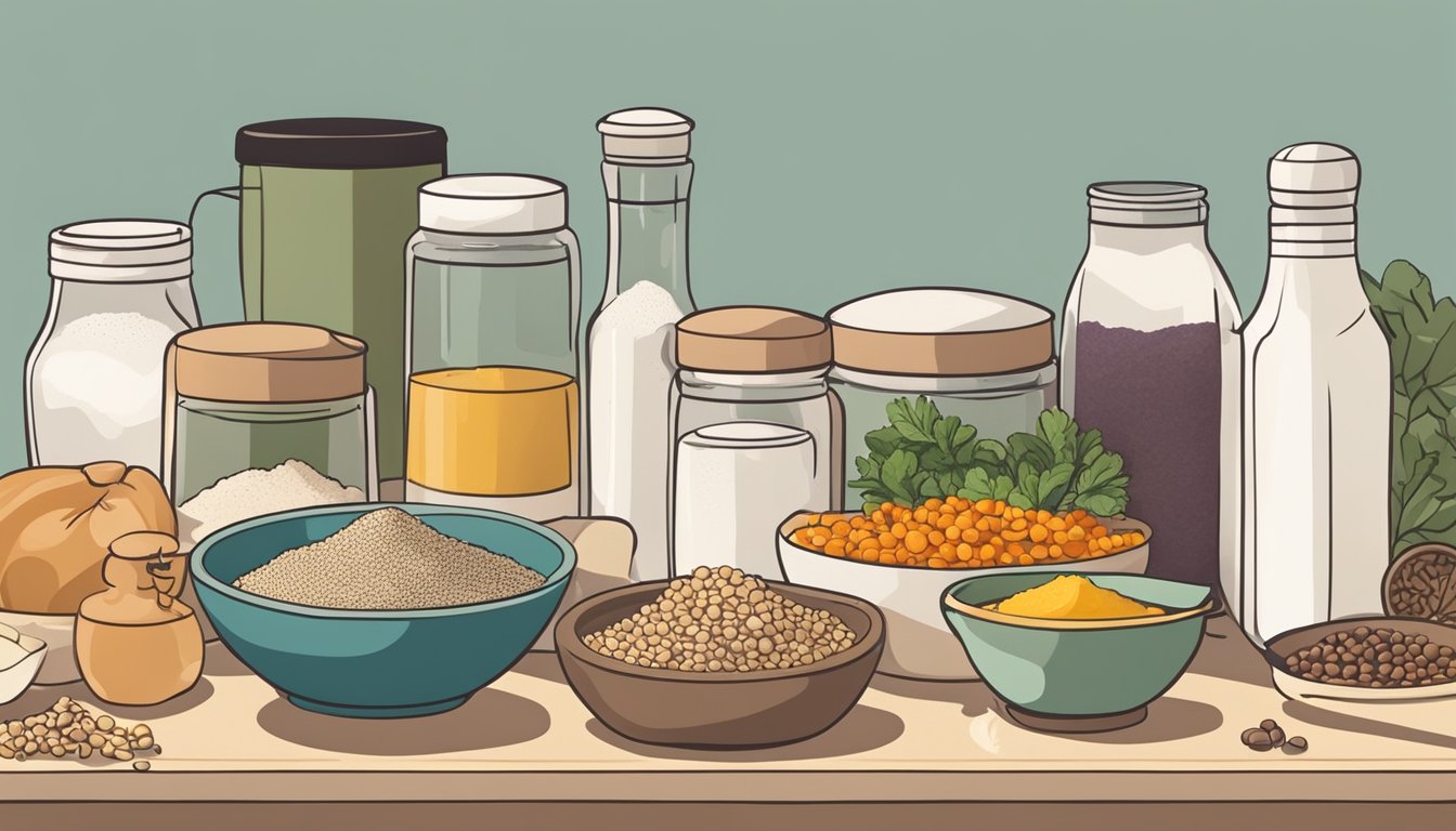 A kitchen counter with various ingredients, bowls, and utensils laid out for meal prep. Tigernut flour is prominently displayed alongside other cooking ingredients